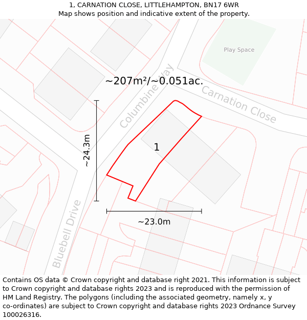 1, CARNATION CLOSE, LITTLEHAMPTON, BN17 6WR: Plot and title map