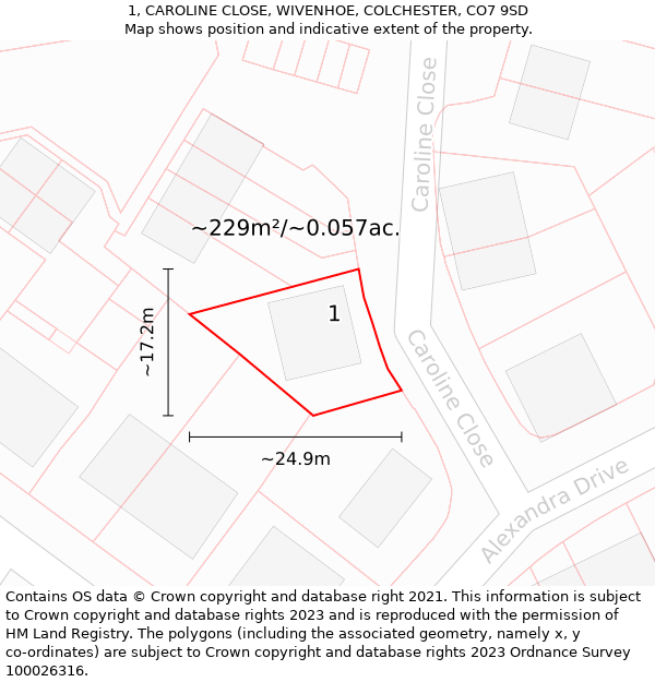 1, CAROLINE CLOSE, WIVENHOE, COLCHESTER, CO7 9SD: Plot and title map