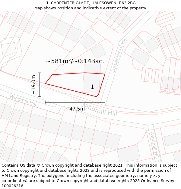 1, CARPENTER GLADE, HALESOWEN, B63 2BG: Plot and title map