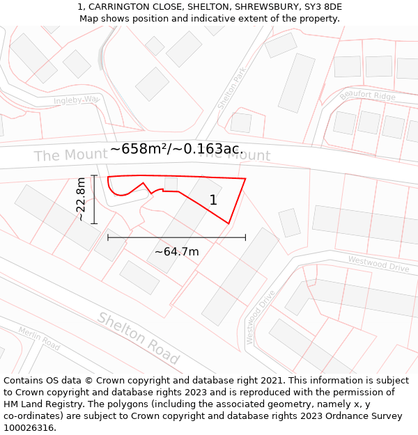 1, CARRINGTON CLOSE, SHELTON, SHREWSBURY, SY3 8DE: Plot and title map