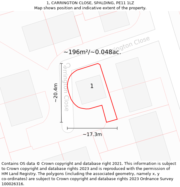 1, CARRINGTON CLOSE, SPALDING, PE11 1LZ: Plot and title map