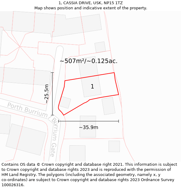 1, CASSIA DRIVE, USK, NP15 1TZ: Plot and title map