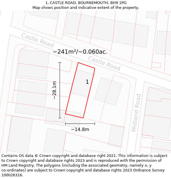 1, CASTLE ROAD, BOURNEMOUTH, BH9 1PG: Plot and title map