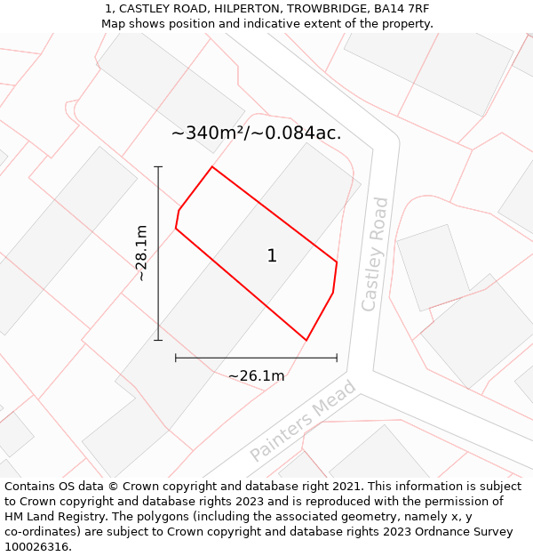 1, CASTLEY ROAD, HILPERTON, TROWBRIDGE, BA14 7RF: Plot and title map