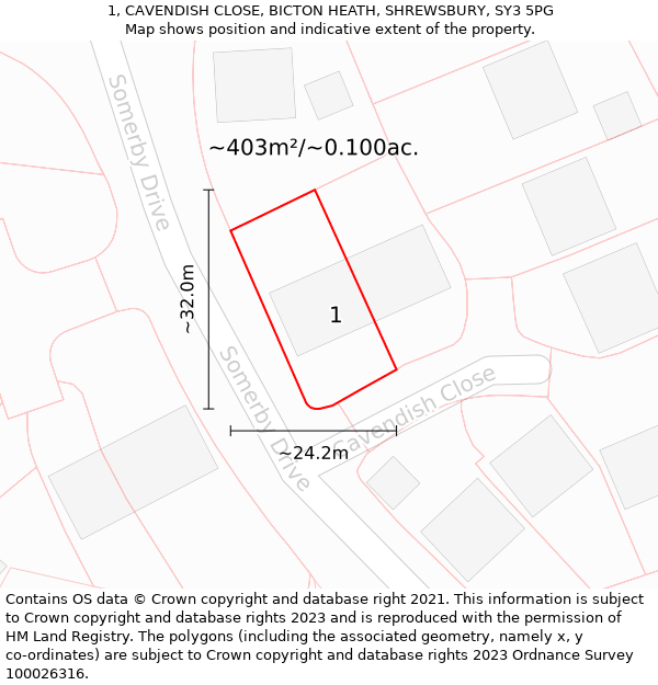 1, CAVENDISH CLOSE, BICTON HEATH, SHREWSBURY, SY3 5PG: Plot and title map