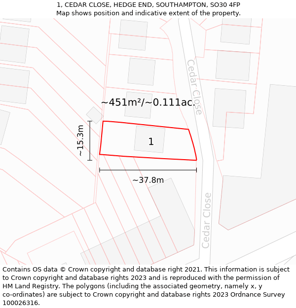 1, CEDAR CLOSE, HEDGE END, SOUTHAMPTON, SO30 4FP: Plot and title map