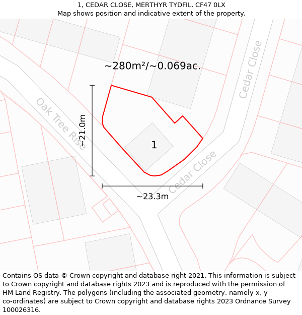 1, CEDAR CLOSE, MERTHYR TYDFIL, CF47 0LX: Plot and title map