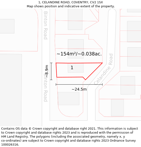 1, CELANDINE ROAD, COVENTRY, CV2 1SX: Plot and title map