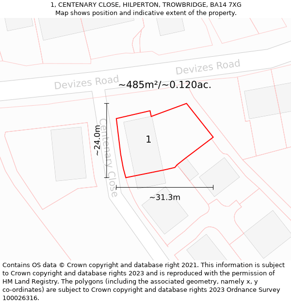 1, CENTENARY CLOSE, HILPERTON, TROWBRIDGE, BA14 7XG: Plot and title map