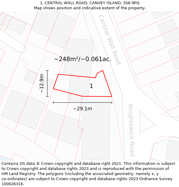 1, CENTRAL WALL ROAD, CANVEY ISLAND, SS8 9PQ: Plot and title map