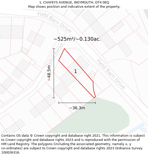 1, CHAFEYS AVENUE, WEYMOUTH, DT4 0EQ: Plot and title map