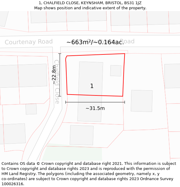 1, CHALFIELD CLOSE, KEYNSHAM, BRISTOL, BS31 1JZ: Plot and title map