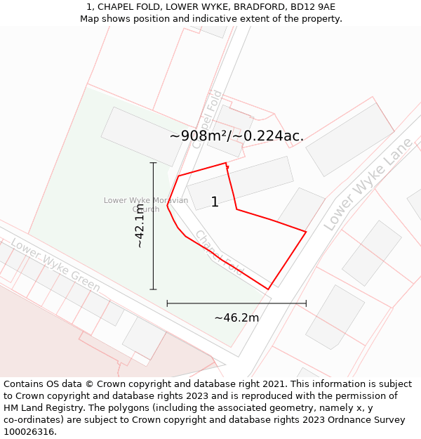 1, CHAPEL FOLD, LOWER WYKE, BRADFORD, BD12 9AE: Plot and title map