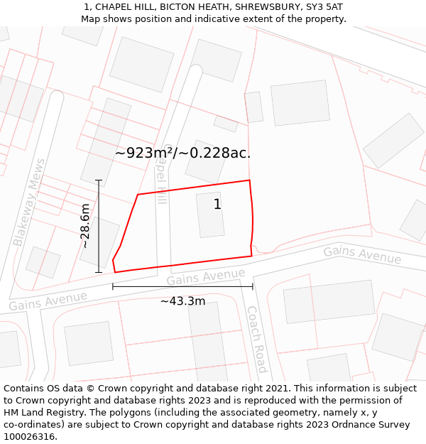 1, CHAPEL HILL, BICTON HEATH, SHREWSBURY, SY3 5AT: Plot and title map