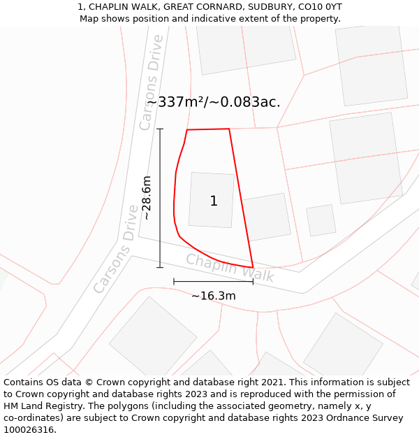 1, CHAPLIN WALK, GREAT CORNARD, SUDBURY, CO10 0YT: Plot and title map