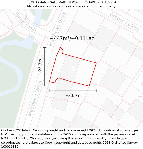 1, CHAPMAN ROAD, MAIDENBOWER, CRAWLEY, RH10 7LA: Plot and title map