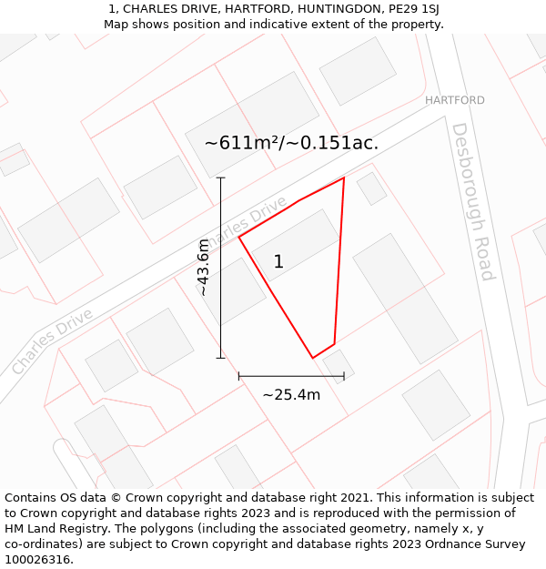 1, CHARLES DRIVE, HARTFORD, HUNTINGDON, PE29 1SJ: Plot and title map