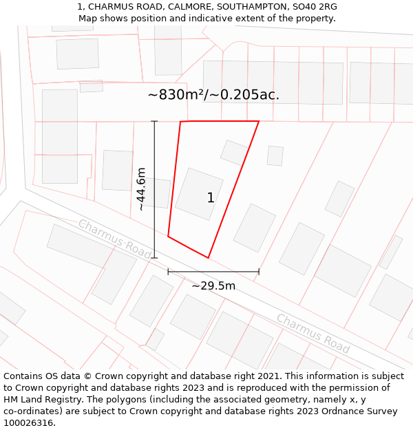 1, CHARMUS ROAD, CALMORE, SOUTHAMPTON, SO40 2RG: Plot and title map