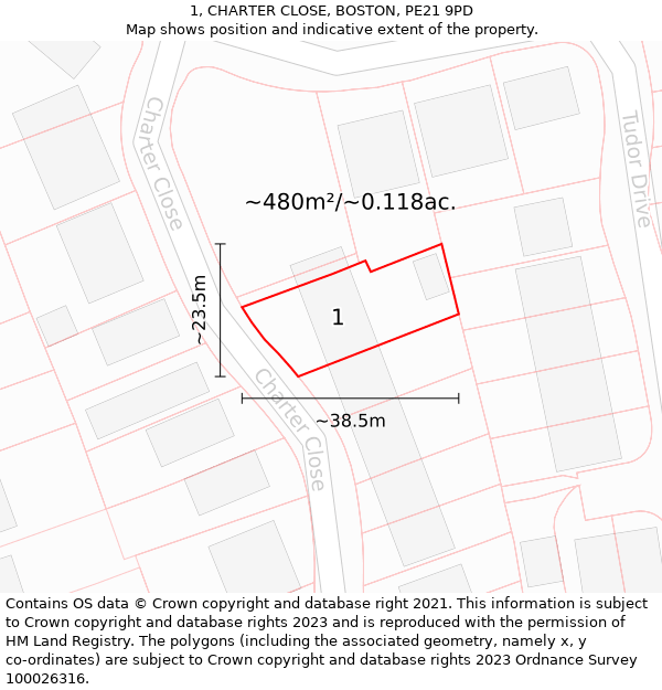 1, CHARTER CLOSE, BOSTON, PE21 9PD: Plot and title map