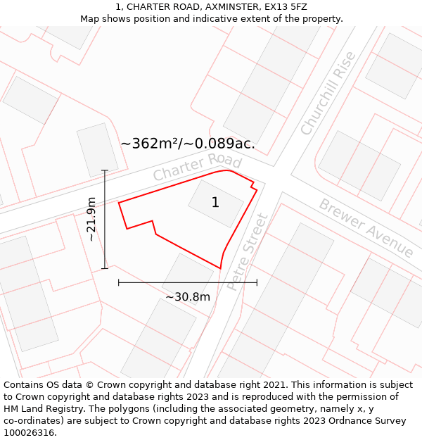 1, CHARTER ROAD, AXMINSTER, EX13 5FZ: Plot and title map