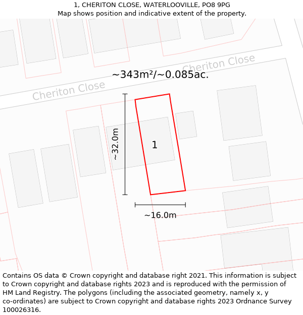 1, CHERITON CLOSE, WATERLOOVILLE, PO8 9PG: Plot and title map