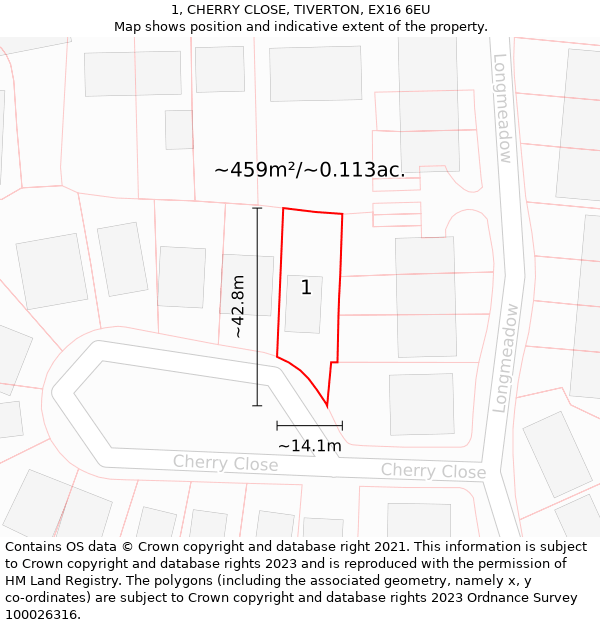 1, CHERRY CLOSE, TIVERTON, EX16 6EU: Plot and title map