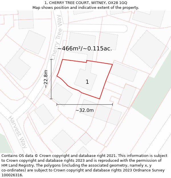 1, CHERRY TREE COURT, WITNEY, OX28 1GQ: Plot and title map