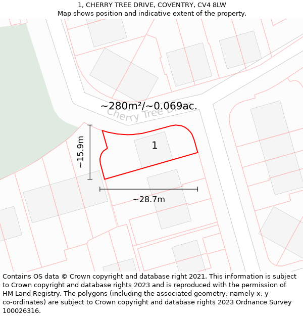 1, CHERRY TREE DRIVE, COVENTRY, CV4 8LW: Plot and title map