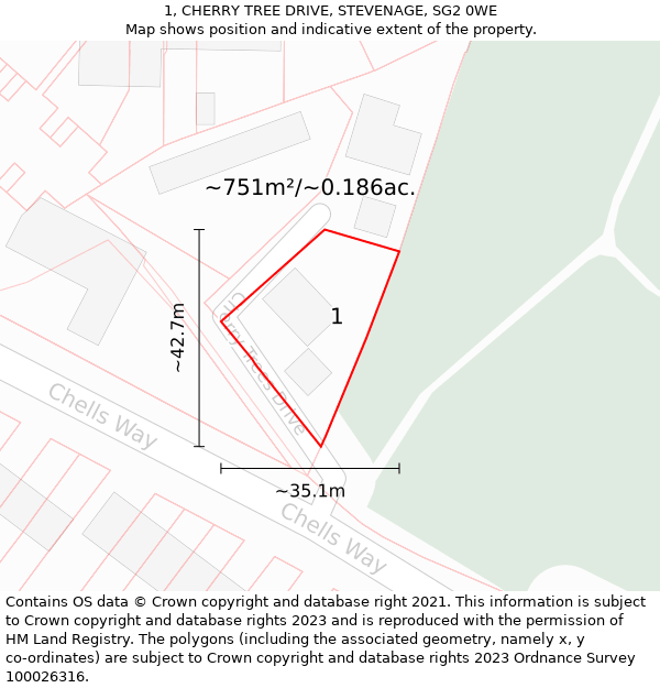 1, CHERRY TREE DRIVE, STEVENAGE, SG2 0WE: Plot and title map