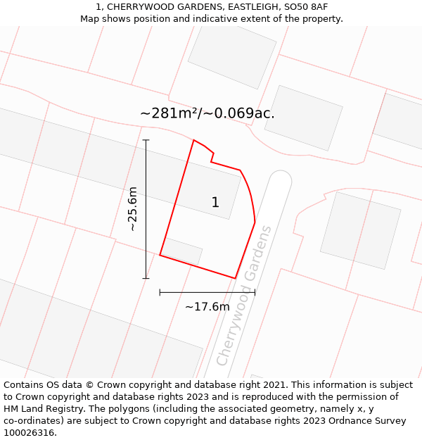 1, CHERRYWOOD GARDENS, EASTLEIGH, SO50 8AF: Plot and title map