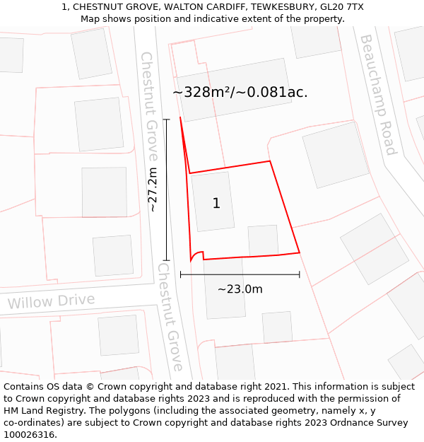 1, CHESTNUT GROVE, WALTON CARDIFF, TEWKESBURY, GL20 7TX: Plot and title map