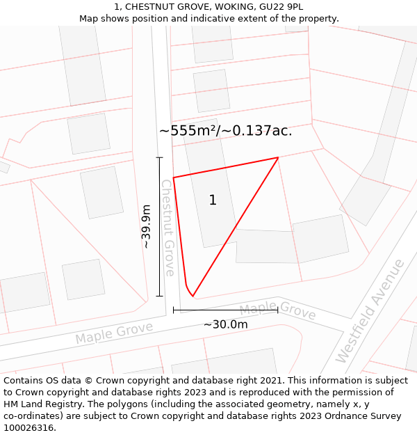 1, CHESTNUT GROVE, WOKING, GU22 9PL: Plot and title map