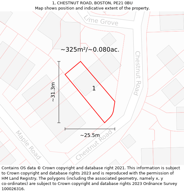 1, CHESTNUT ROAD, BOSTON, PE21 0BU: Plot and title map