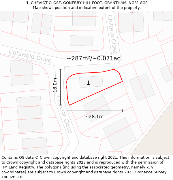 1, CHEVIOT CLOSE, GONERBY HILL FOOT, GRANTHAM, NG31 8GF: Plot and title map