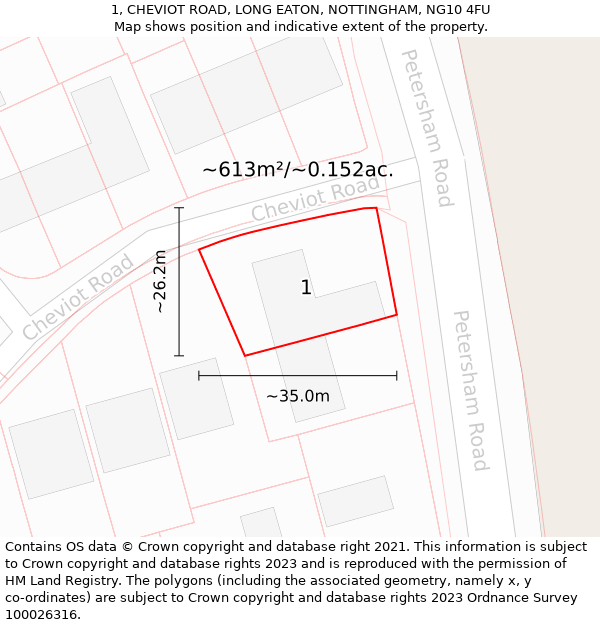 1, CHEVIOT ROAD, LONG EATON, NOTTINGHAM, NG10 4FU: Plot and title map