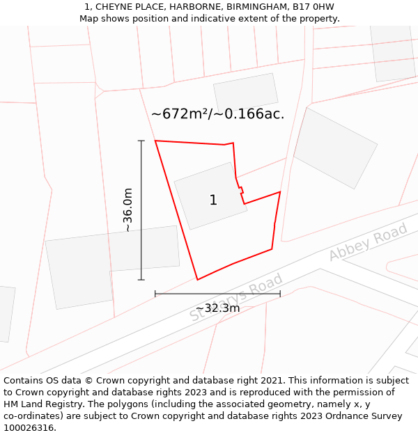 1, CHEYNE PLACE, HARBORNE, BIRMINGHAM, B17 0HW: Plot and title map