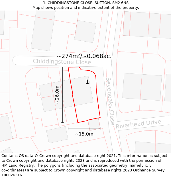 1, CHIDDINGSTONE CLOSE, SUTTON, SM2 6NS: Plot and title map