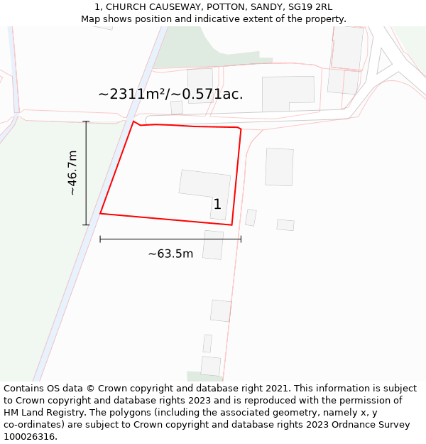 1, CHURCH CAUSEWAY, POTTON, SANDY, SG19 2RL: Plot and title map