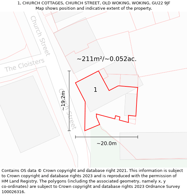 1, CHURCH COTTAGES, CHURCH STREET, OLD WOKING, WOKING, GU22 9JF: Plot and title map