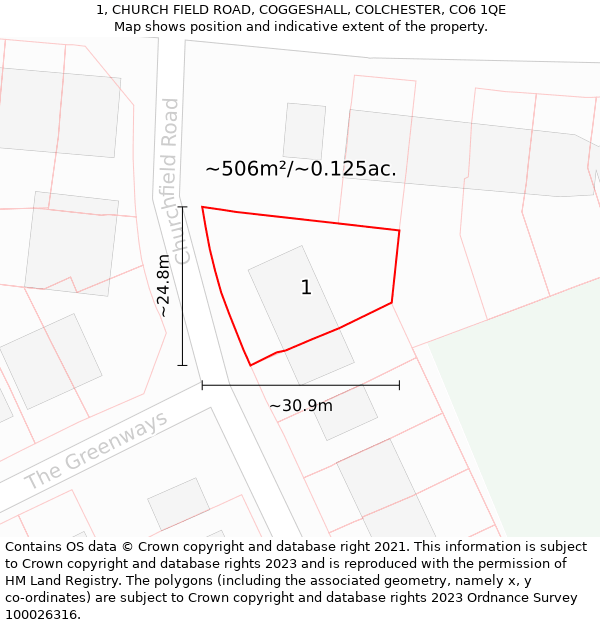 1, CHURCH FIELD ROAD, COGGESHALL, COLCHESTER, CO6 1QE: Plot and title map