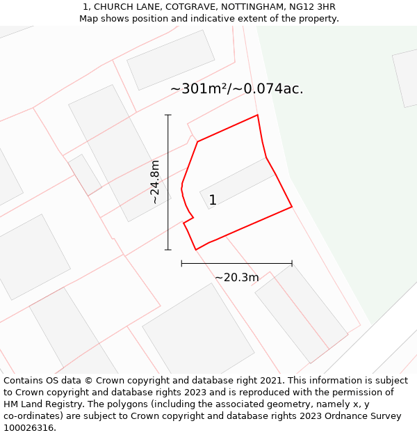 1, CHURCH LANE, COTGRAVE, NOTTINGHAM, NG12 3HR: Plot and title map