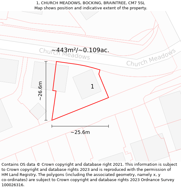 1, CHURCH MEADOWS, BOCKING, BRAINTREE, CM7 5SL: Plot and title map