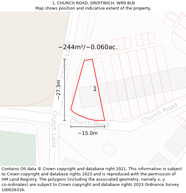 1, CHURCH ROAD, DROITWICH, WR9 8LN: Plot and title map