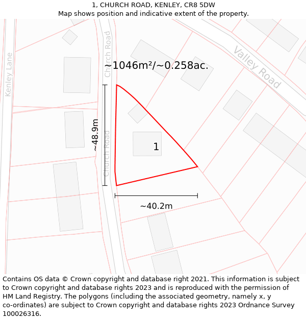 1, CHURCH ROAD, KENLEY, CR8 5DW: Plot and title map