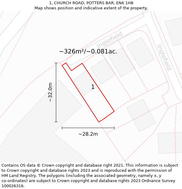 1, CHURCH ROAD, POTTERS BAR, EN6 1HB: Plot and title map