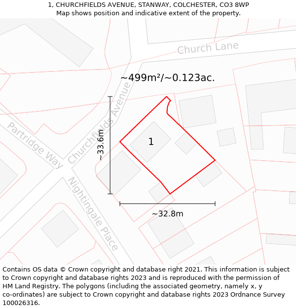 1, CHURCHFIELDS AVENUE, STANWAY, COLCHESTER, CO3 8WP: Plot and title map