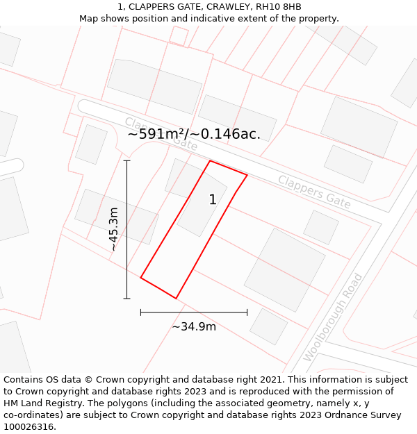 1, CLAPPERS GATE, CRAWLEY, RH10 8HB: Plot and title map