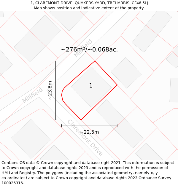 1, CLAREMONT DRIVE, QUAKERS YARD, TREHARRIS, CF46 5LJ: Plot and title map