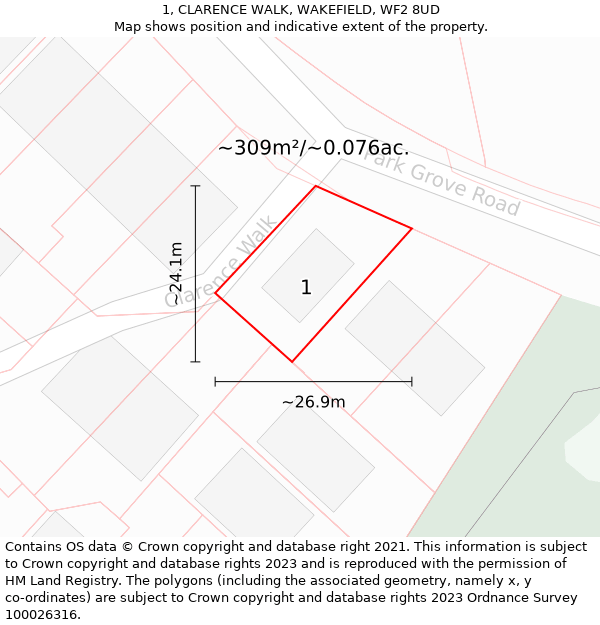 1, CLARENCE WALK, WAKEFIELD, WF2 8UD: Plot and title map