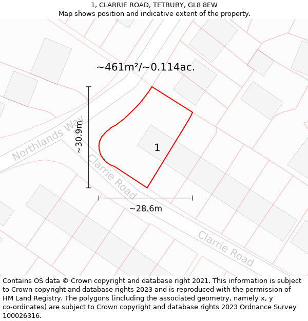 1, CLARRIE ROAD, TETBURY, GL8 8EW: Plot and title map